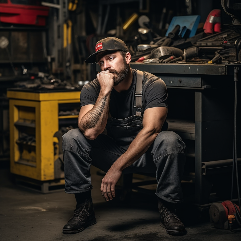 Mechanic with a baseball hat sitting on a stool in his garage thinking