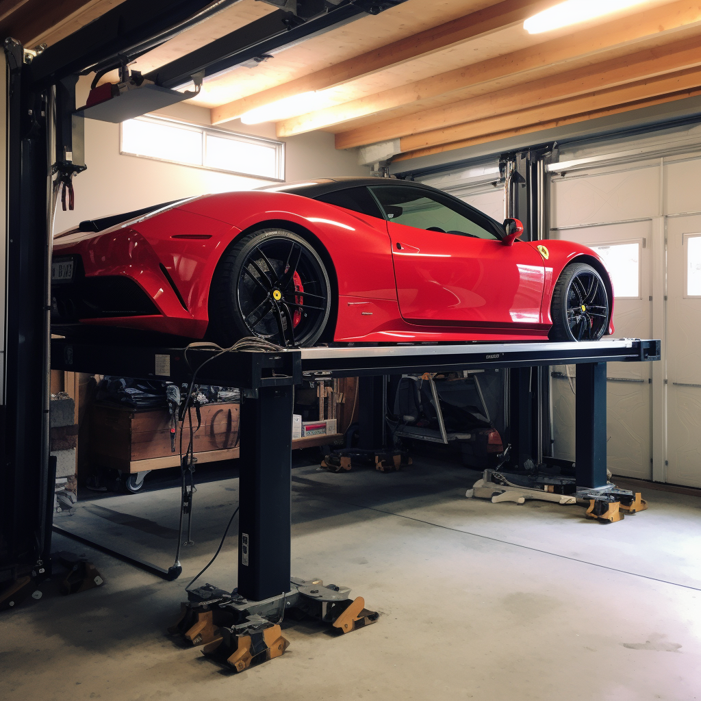 Red car on 4 post car lift in garage