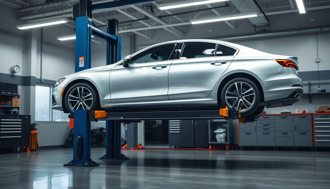 Professional two-post car lift raising a vehicle in an automotive shop